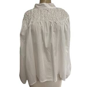 Merlette Smocked White Cotton Poplin Long Sleeve Blouse Top L Round Neck Tie